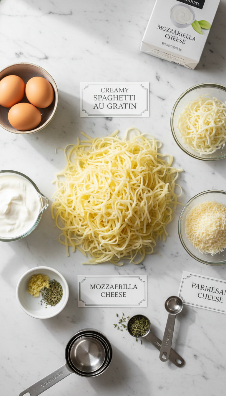 Fresh ingredients for creamy spaghetti squash au gratin including cooked spaghetti squash, eggs, mozzarella, Greek yogurt, garlic, thyme, and parmesan cheese arranged on a marble countertop