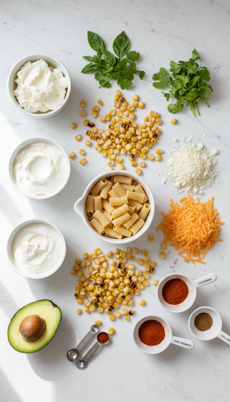 Fresh ingredients for Creamy Street Corn Pasta Salad arranged on marble countertop