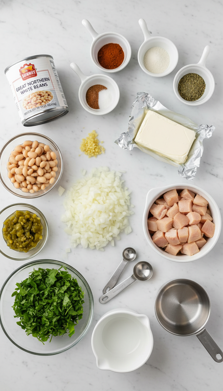 Fresh ingredients for creamy white chicken chili including diced onions, garlic, white beans, green chiles, and cream cheese arranged on a wooden cutting board