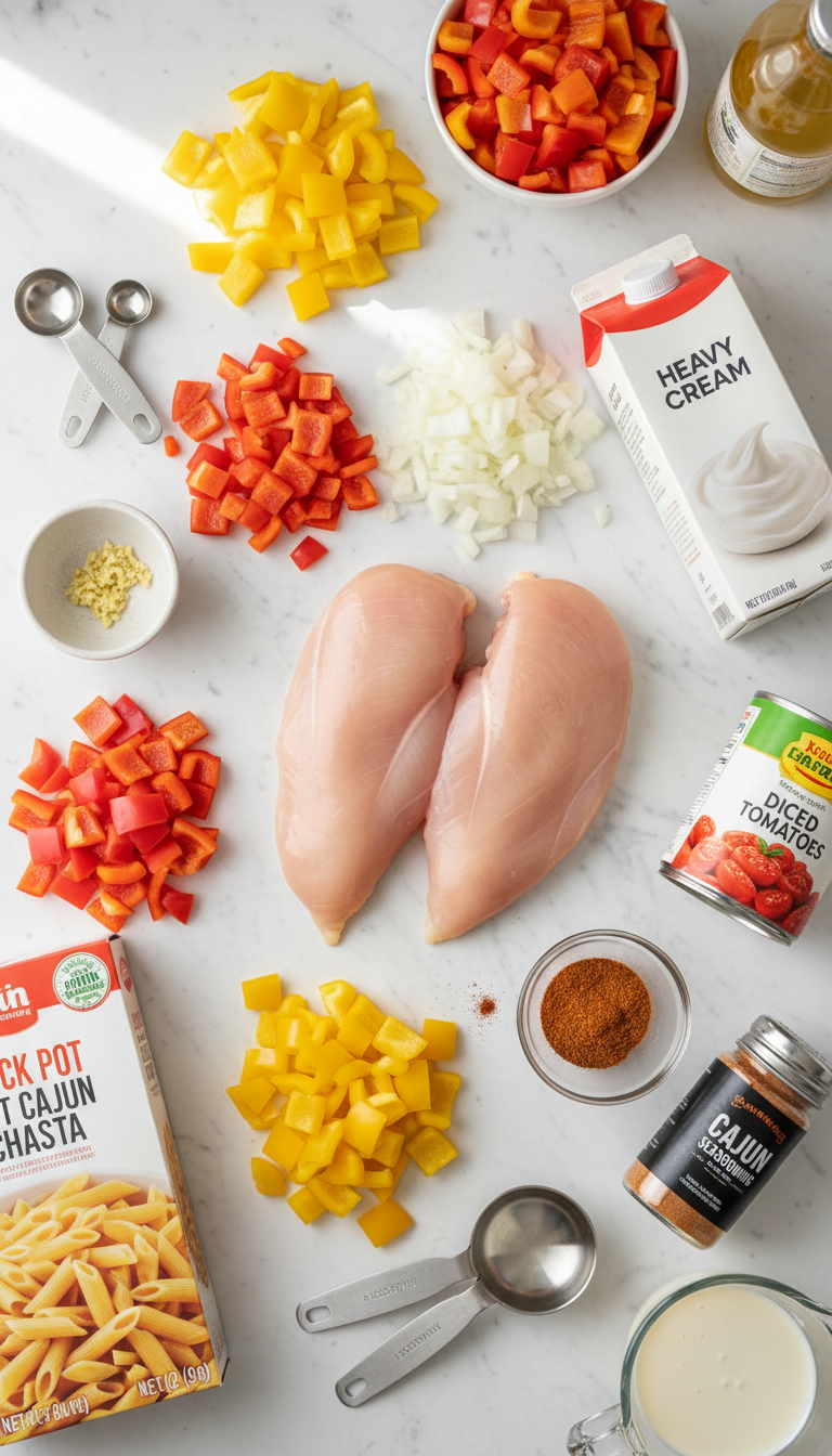 Fresh ingredients for Crock Pot Creamy Cajun Chicken Pasta arranged on marble surface with vibrant bell peppers and aromatic spices