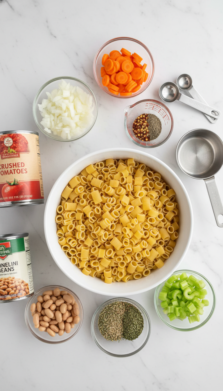 Fresh ingredients for Crock Pot Pasta Fagioli arranged on a wooden cutting board including smoked beef, vegetables, beans, and seasonings