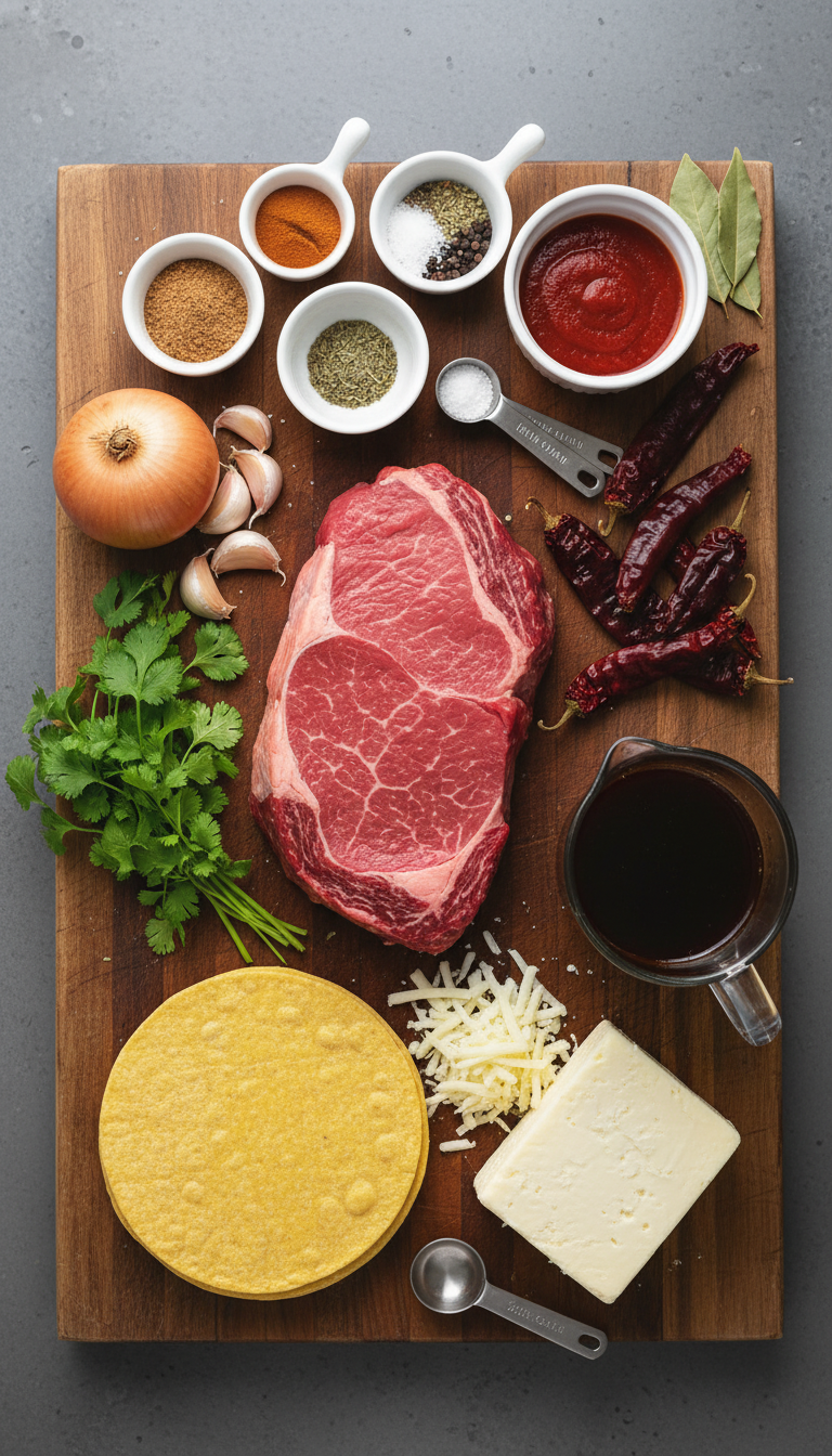 Ingredients for Easy Birria Tacos with Consomme in the Slow Cooker arranged on a wooden cutting board