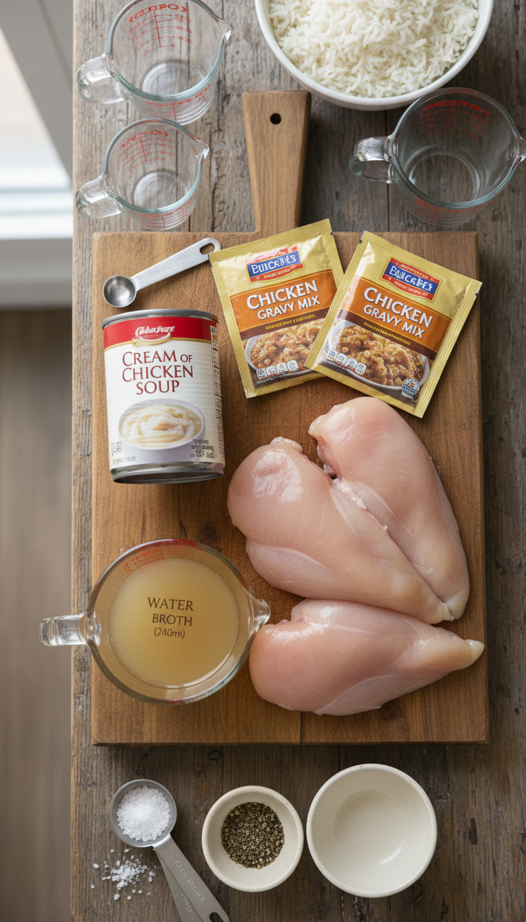 Ingredients for Easy Crockpot Chicken and Gravy laid out on kitchen counter