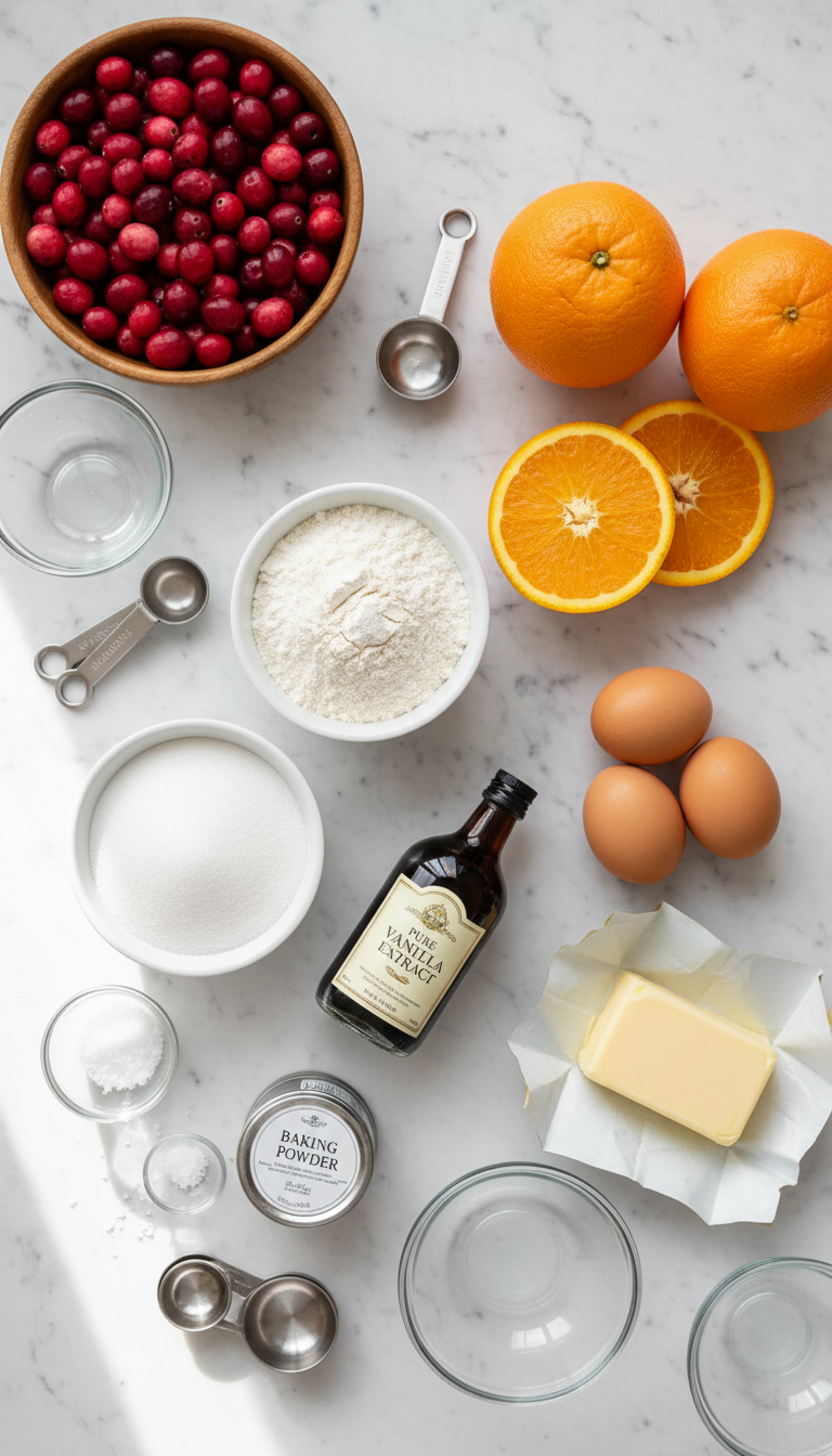 Fresh ingredients for easy orange cranberry bread including flour, cranberries, orange zest, and buttermilk arranged on a marble counter
