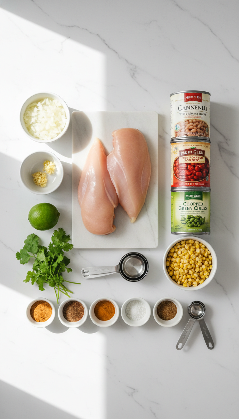 Fresh ingredients for Easy White Chicken Chili Recipe including chicken breasts, white beans, green chiles, and aromatic spices arranged on a wooden cutting board