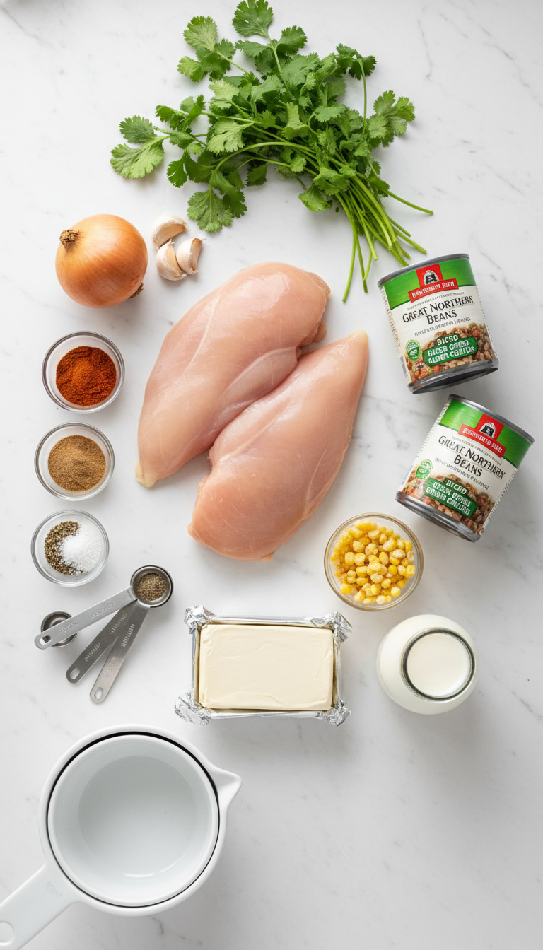 Fresh ingredients for flavorful crockpot white chicken chili soup arranged on marble countertop with vibrant colors