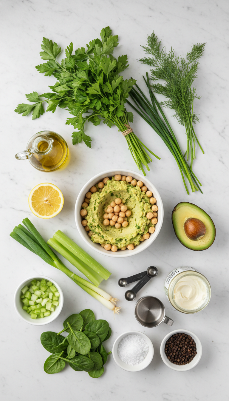 Fresh ingredients for Green Goddess Salad Sandwich arranged artistically showing vibrant greens, chickpeas, and herbs