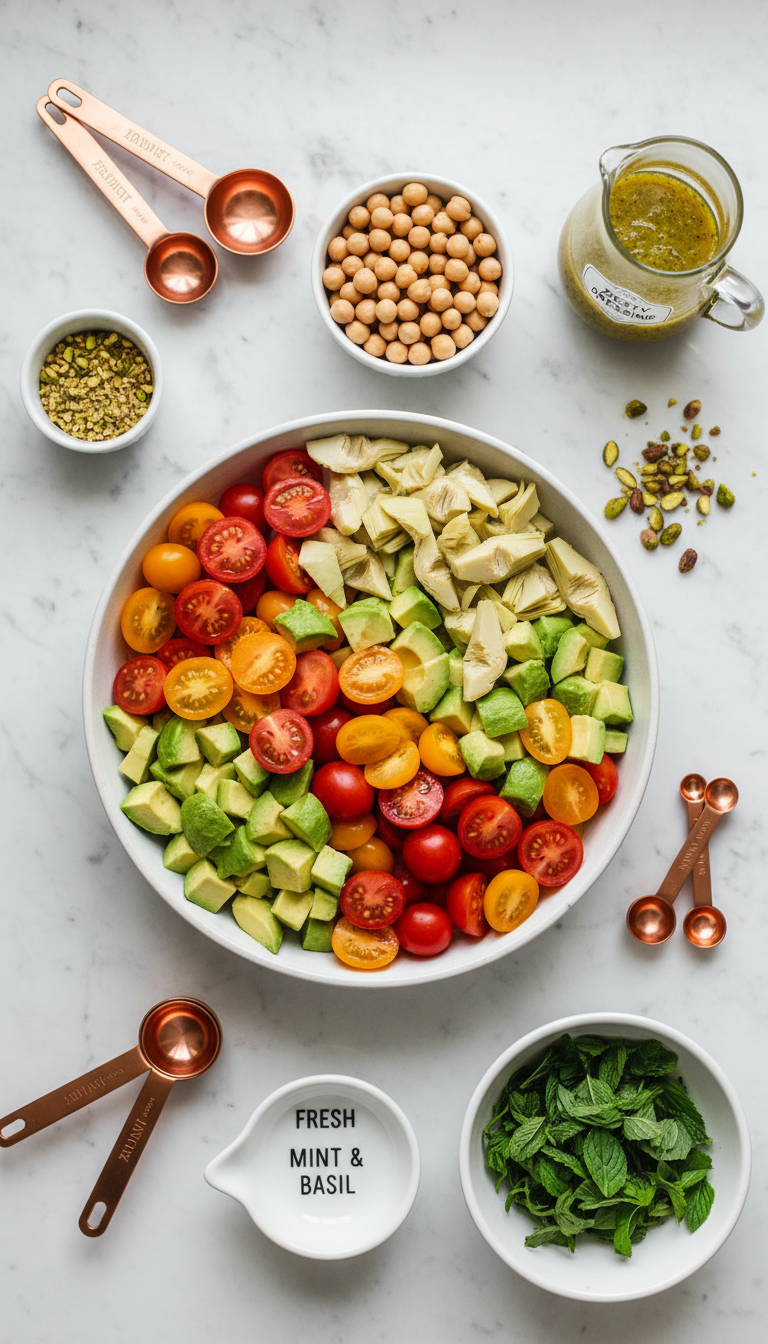 Fresh ingredients for High-Protein Tomato & Basil Salad including grape tomatoes, avocado, chickpeas, herbs, and pantry staples