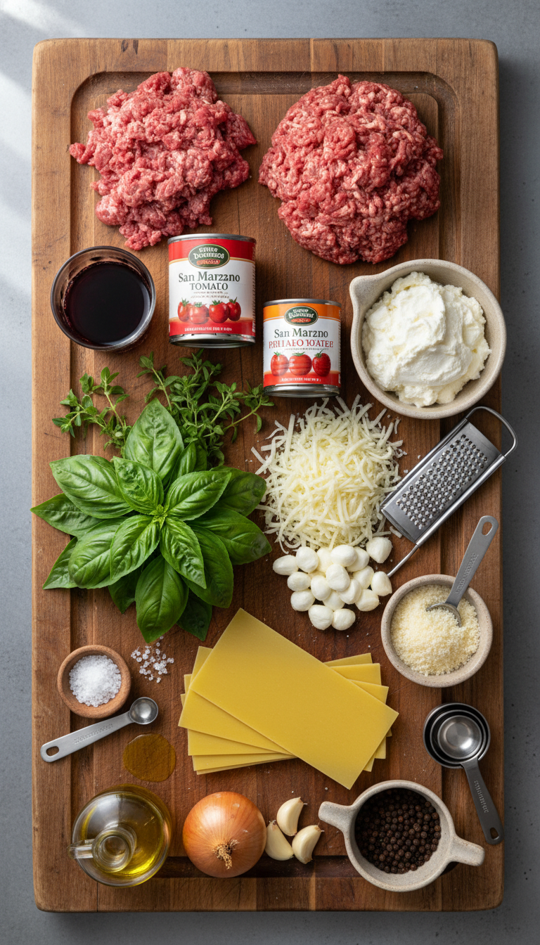 Fresh ingredients for homemade lasagna including ground beef, ricotta cheese, mozzarella, and herbs arranged on a kitchen counter