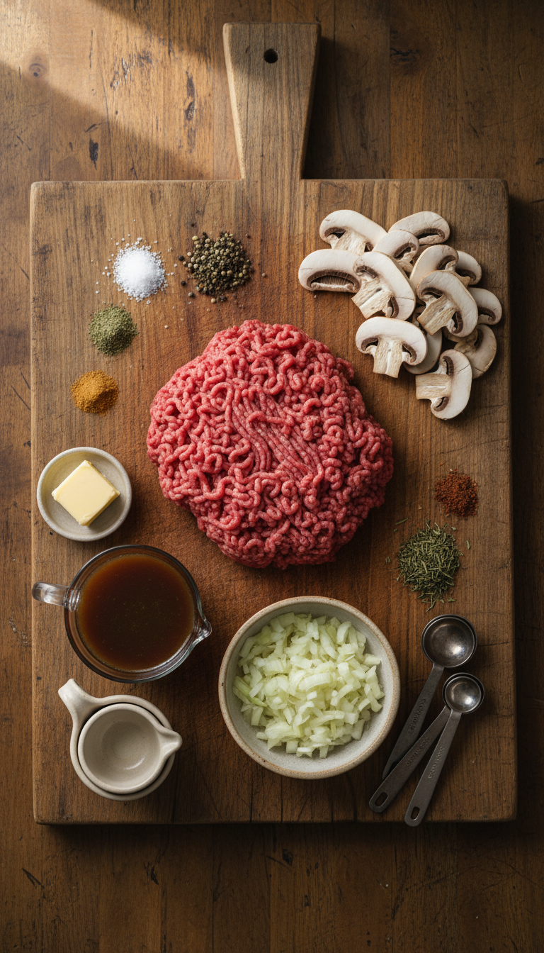 Fresh ingredients for homemade Salisbury steak arranged on marble surface with ground beef, eggs, breadcrumbs, and vegetables