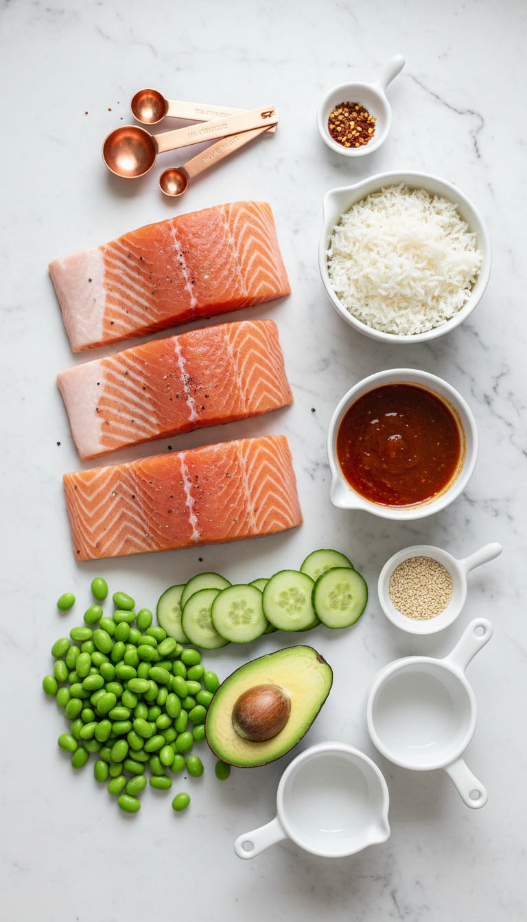 Fresh ingredients for Honey Sriracha Salmon Bowls including salmon fillets, sriracha sauce, honey, and colorful vegetables arranged on a marble countertop