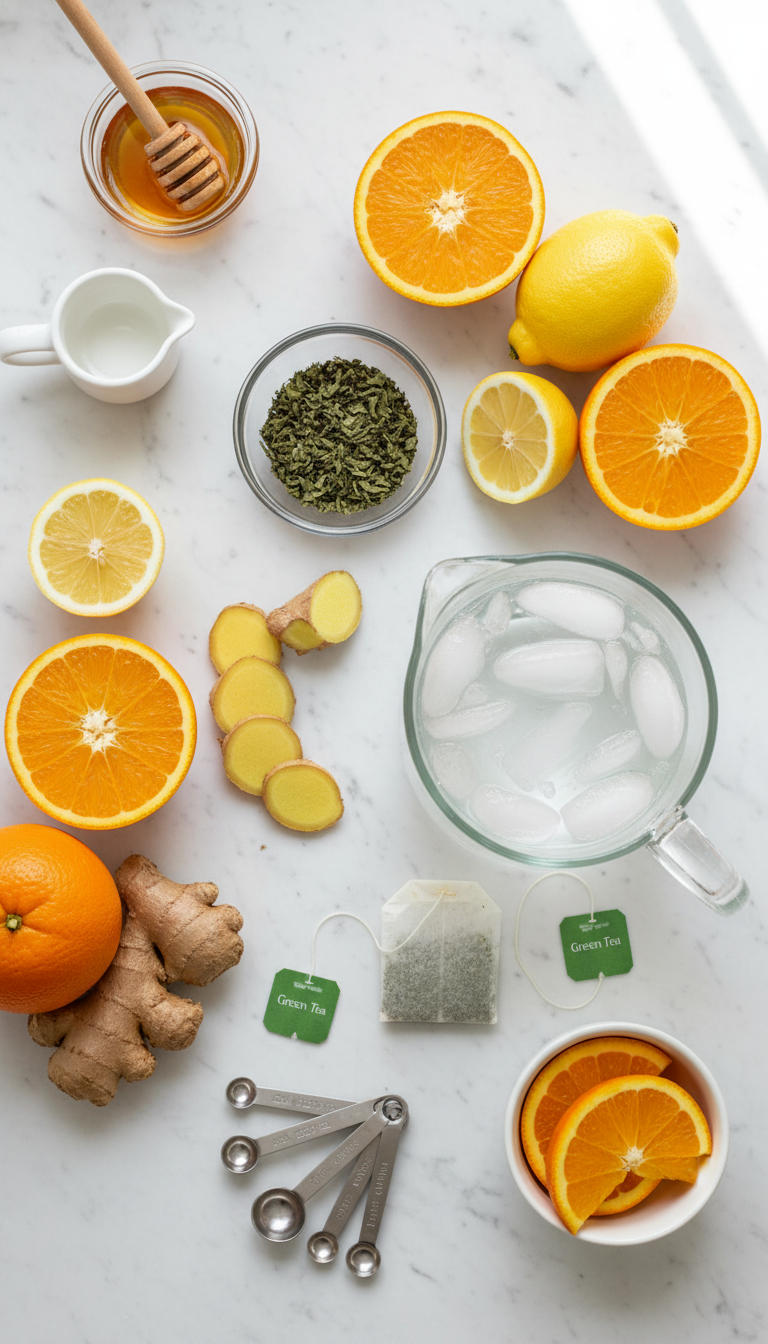 Fresh ingredients for iced orange ginger green tea including green tea bags, fresh ginger root, oranges, lemons, and honey arranged on a wooden cutting board