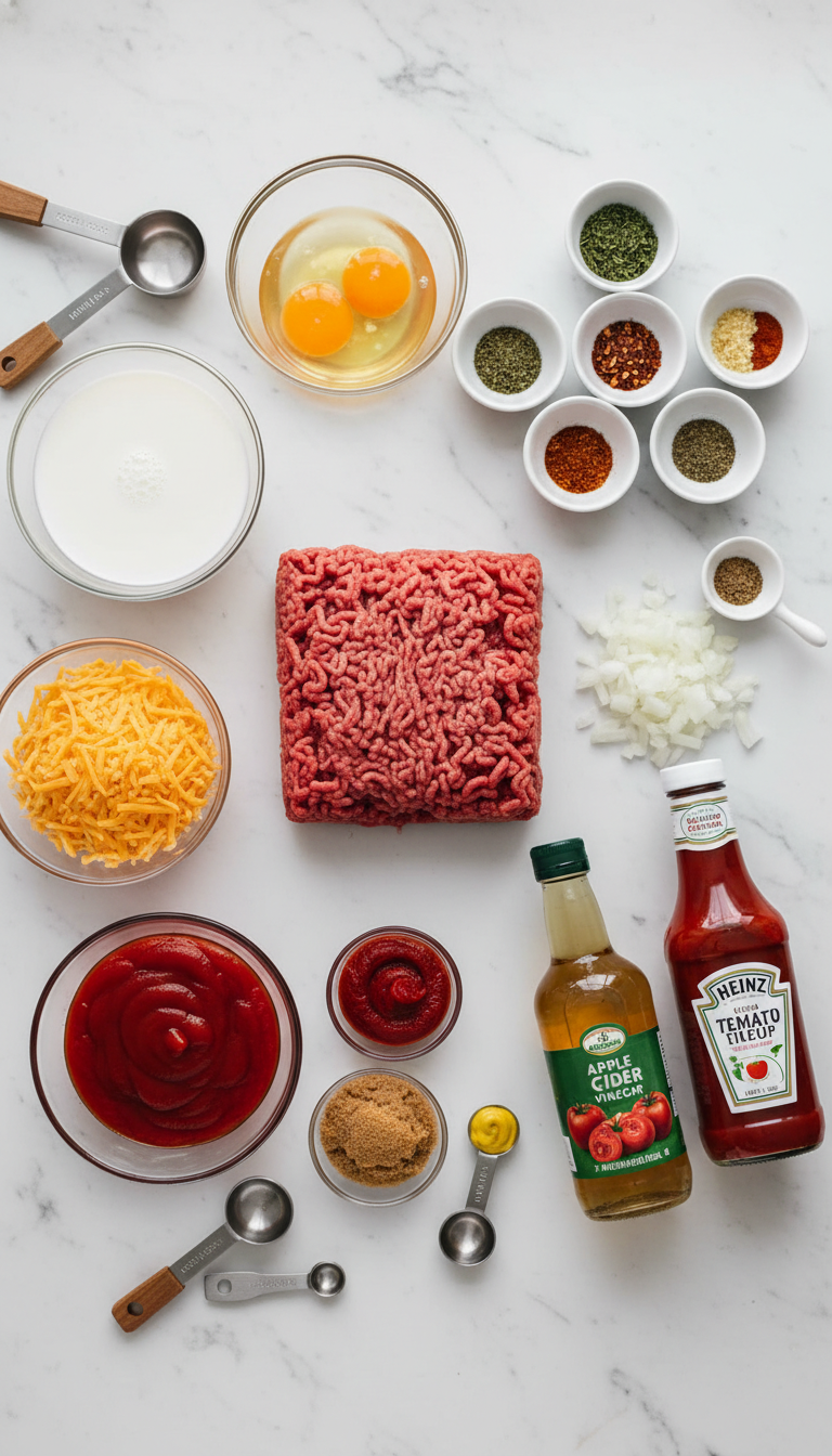 Fresh ingredients for Juicy Homemade Meatloaf including ground beef, breadcrumbs, eggs, and seasonings arranged on a kitchen counter