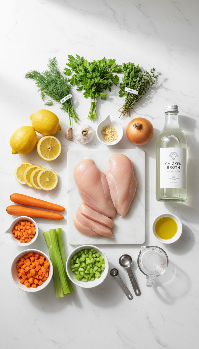 Fresh ingredients for Lemon Chicken Soup Recipe including chicken breasts, carrots, onions, celery, garlic, and fresh lemons arranged on a wooden cutting board