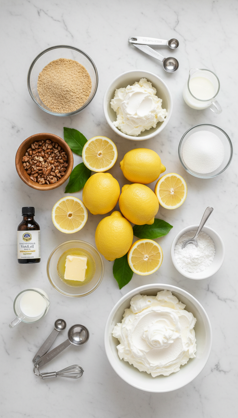 Fresh ingredients for Lemon Lush Cake including flour, cream cheese, lemons, and whipped topping arranged on marble countertop