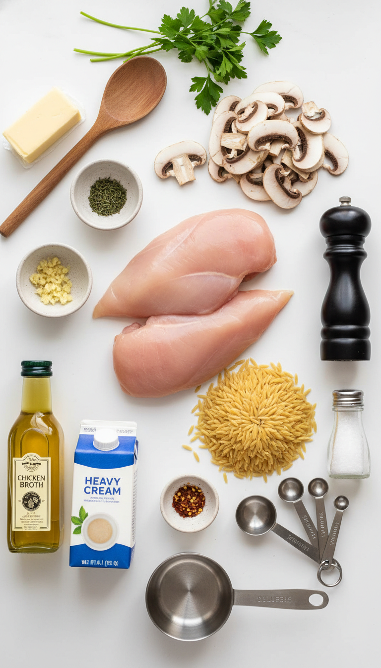 Fresh ingredients for Marsala Chicken Orzo including chicken breasts, orzo pasta, mushrooms, and herbs arranged on a wooden cutting board