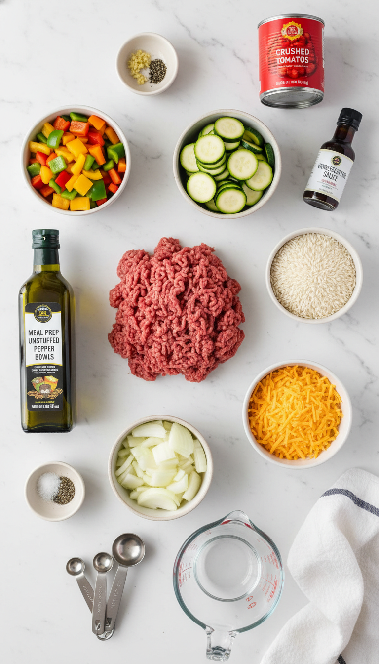 Fresh ingredients for Meal Prep Unstuffed Pepper Bowls including ground beef, colorful bell peppers, rice, and seasonings arranged on a clean kitchen counter