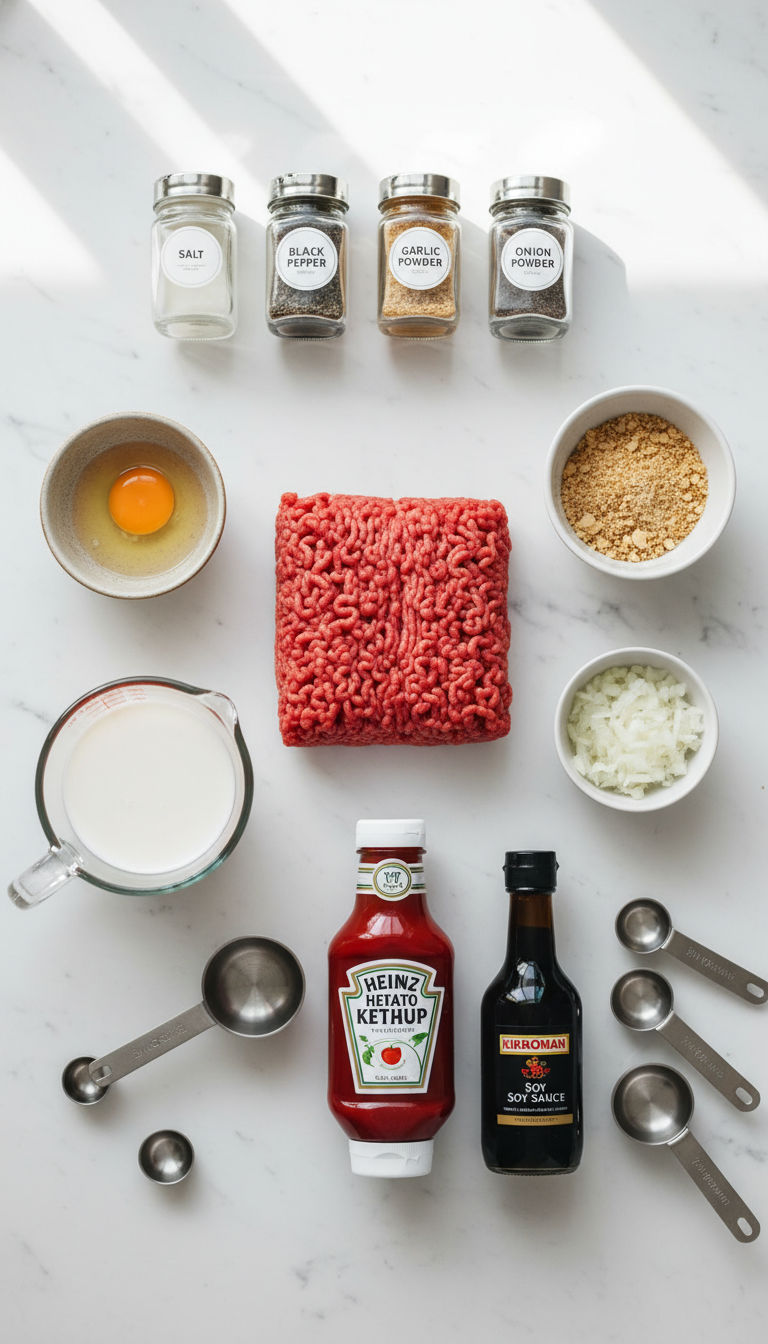 Fresh ingredients for meatloaf recipe with crackers including ground beef, Ritz crackers, eggs, and seasonings arranged on a wooden cutting board