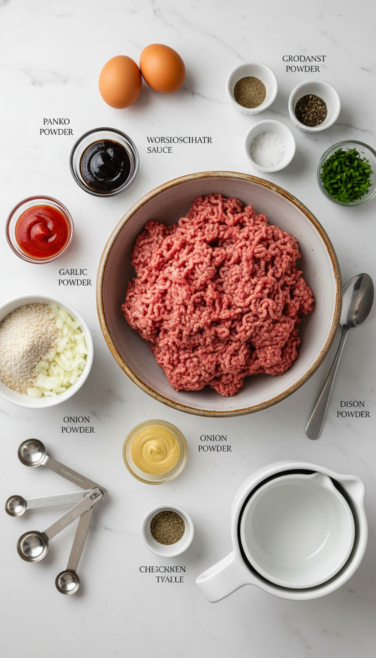 Colorful array of fresh ingredients for mini meatloaf recipe including ground beef, vibrant spices, and glossy glaze components arranged on white marble surface