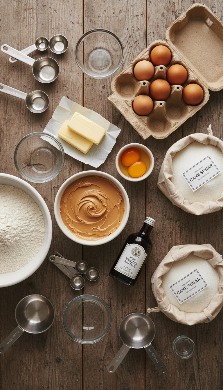 Ingredients for Old-Fashioned Peanut Butter Cookies arranged on marble counter