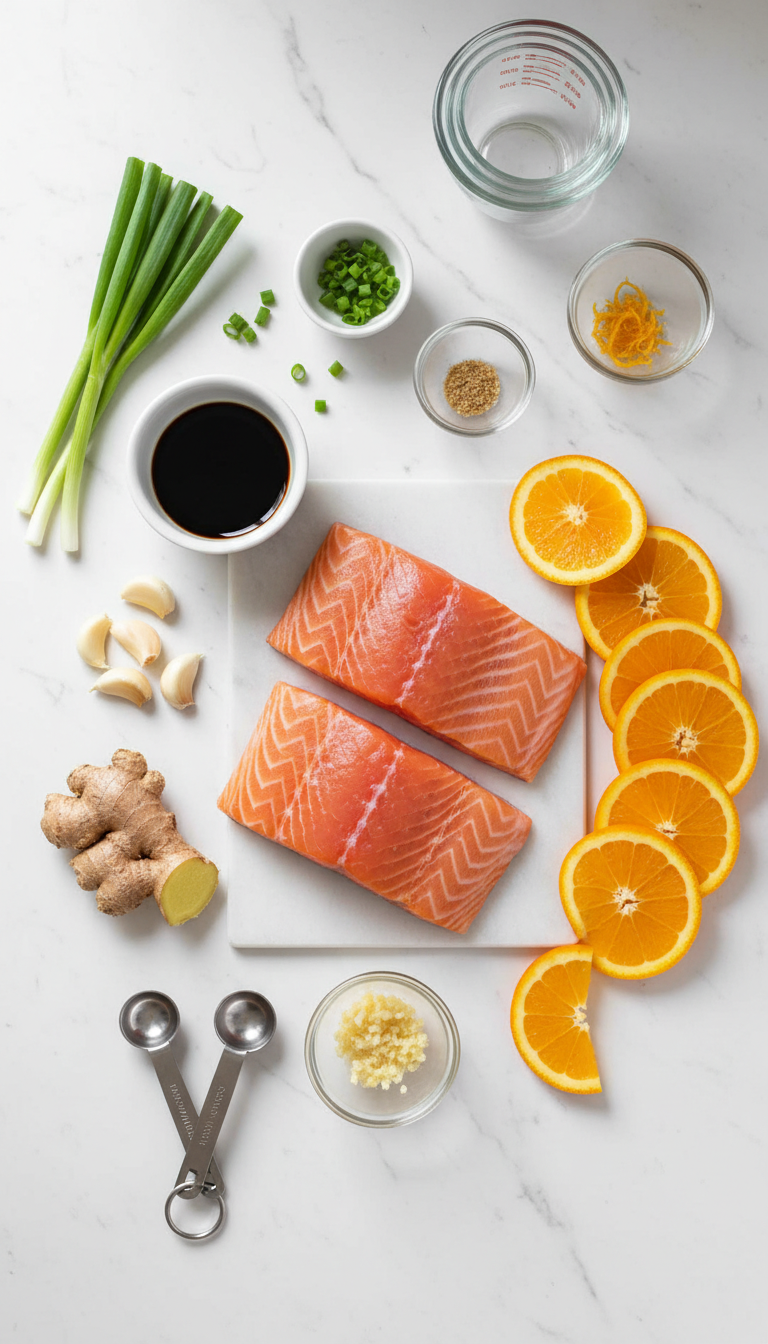 Fresh ingredients for orange teriyaki salmon including salmon fillets, orange juice, soy sauce, brown sugar, ginger, and garlic arranged on a wooden cutting board
