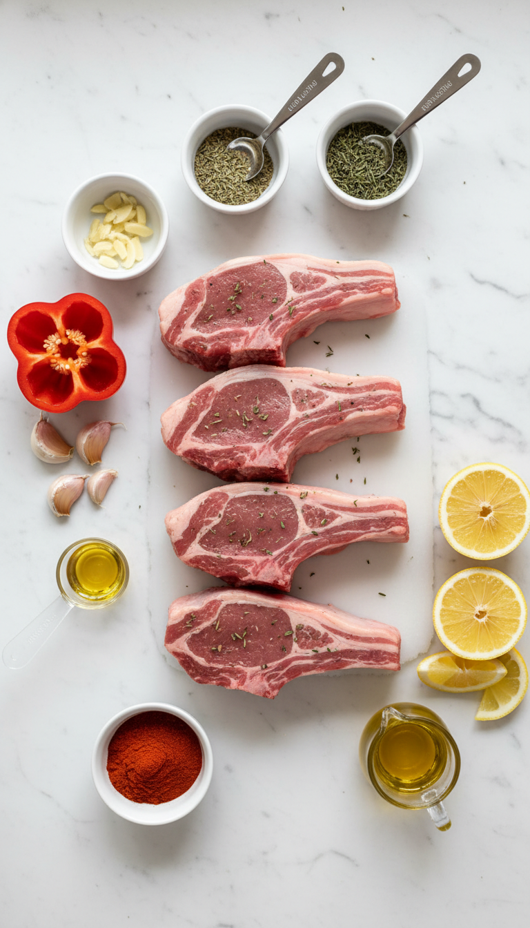 Fresh ingredients for oven baked lamb chops recipe including lamb chops, herbs, and spices arranged on wooden cutting board