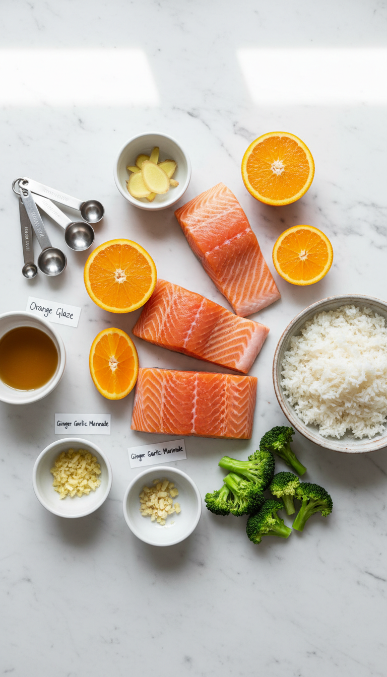 Fresh ingredients for Pan Fried Orange Salmon including salmon fillets, orange juice, honey, and aromatics arranged on marble countertop