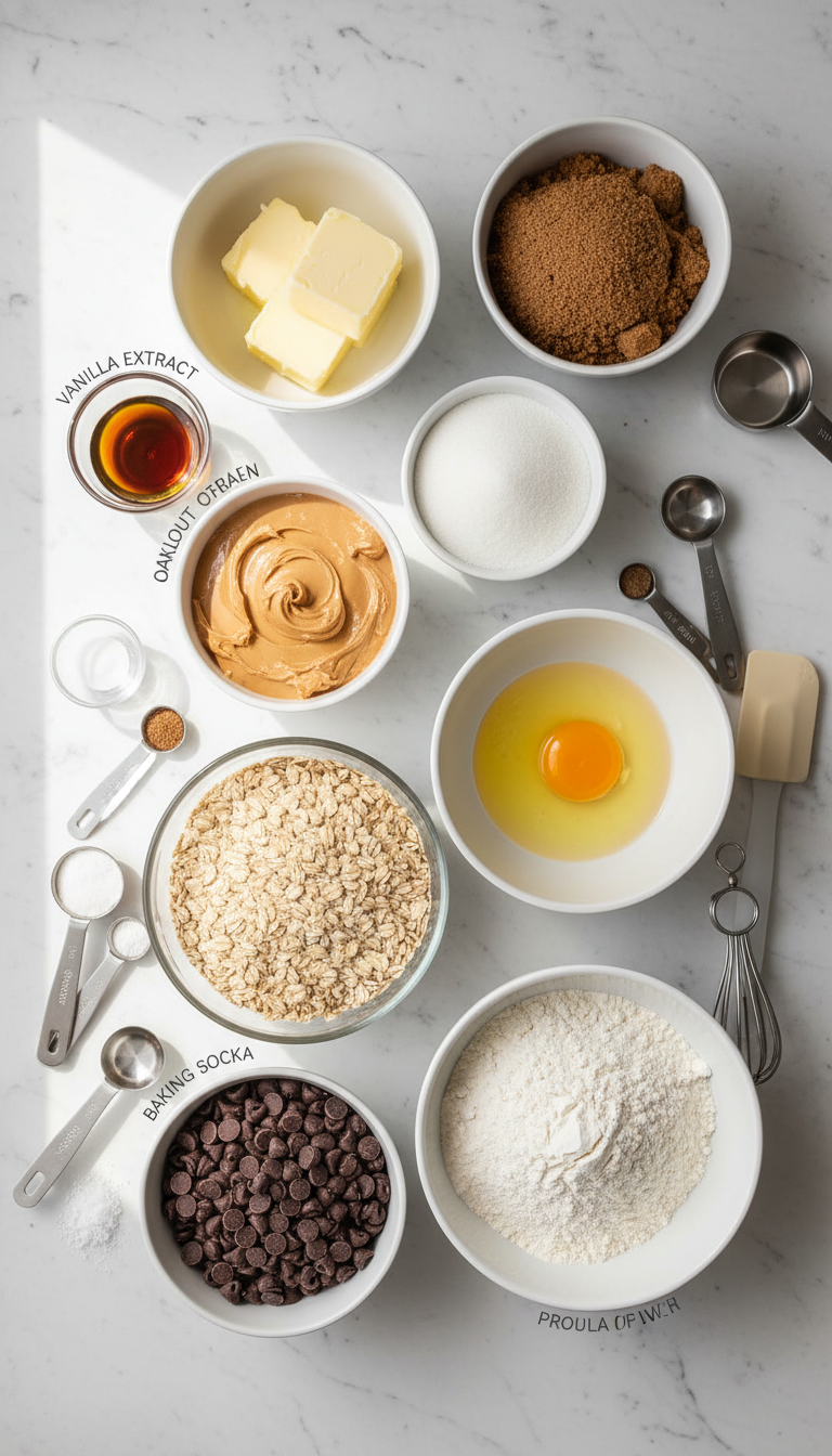Ingredients laid out for making Peanut Butter Oatmeal Chocolate Chip Cookies including butter, sugars, peanut butter, egg, flour, oats and chocolate chips
