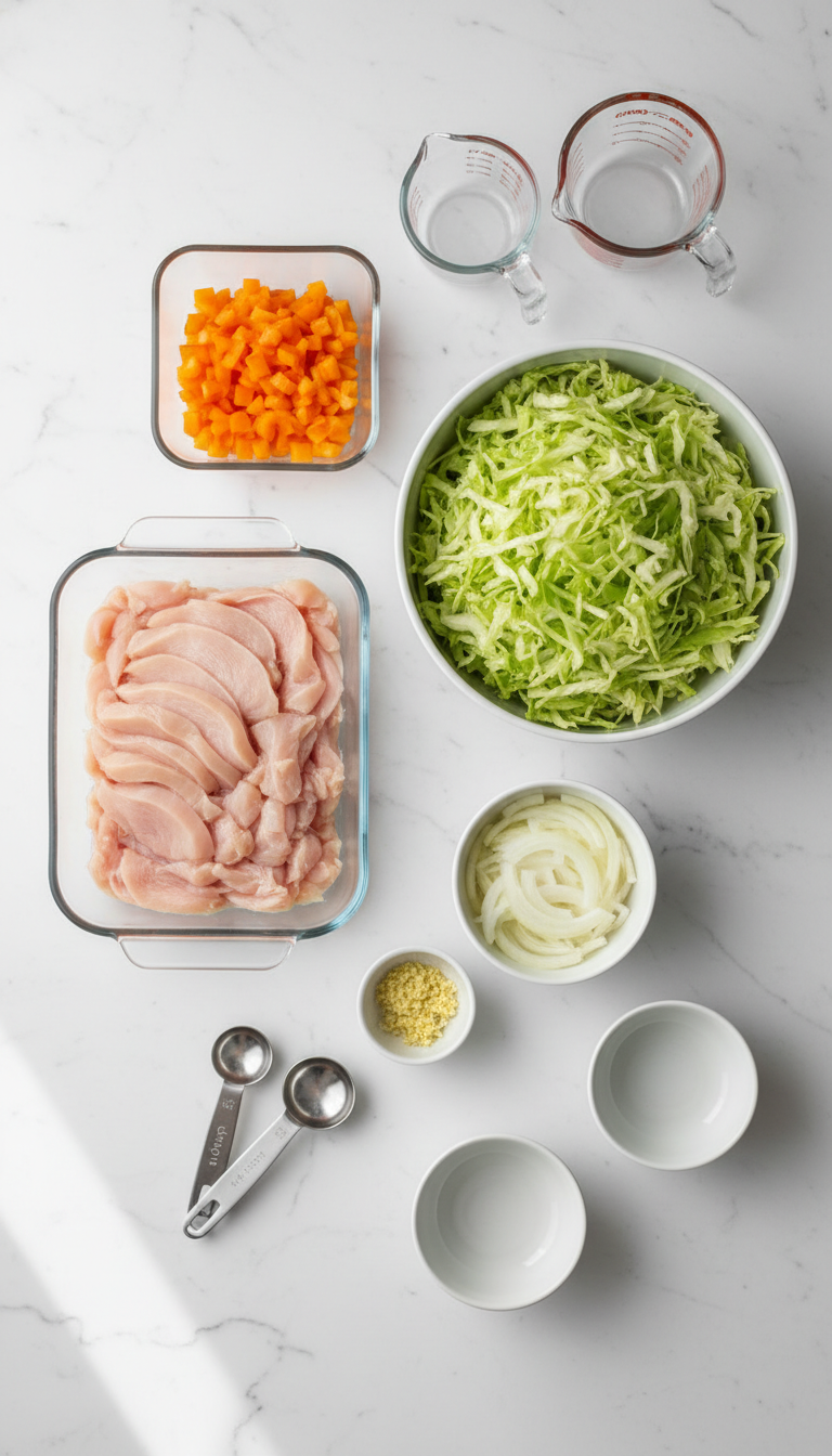 Fresh ingredients for Quick Chicken Cabbage Stir-Fry including sliced chicken breasts, shredded cabbage, bell peppers, and Asian sauces arranged on a wooden cutting board