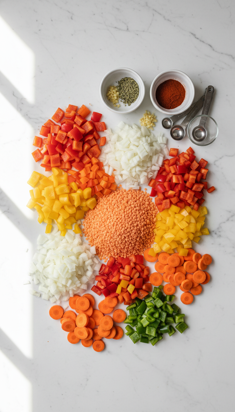 Fresh ingredients for savory lentil meatloaf arranged on a wooden cutting board including lentils, vegetables, and seasonings
