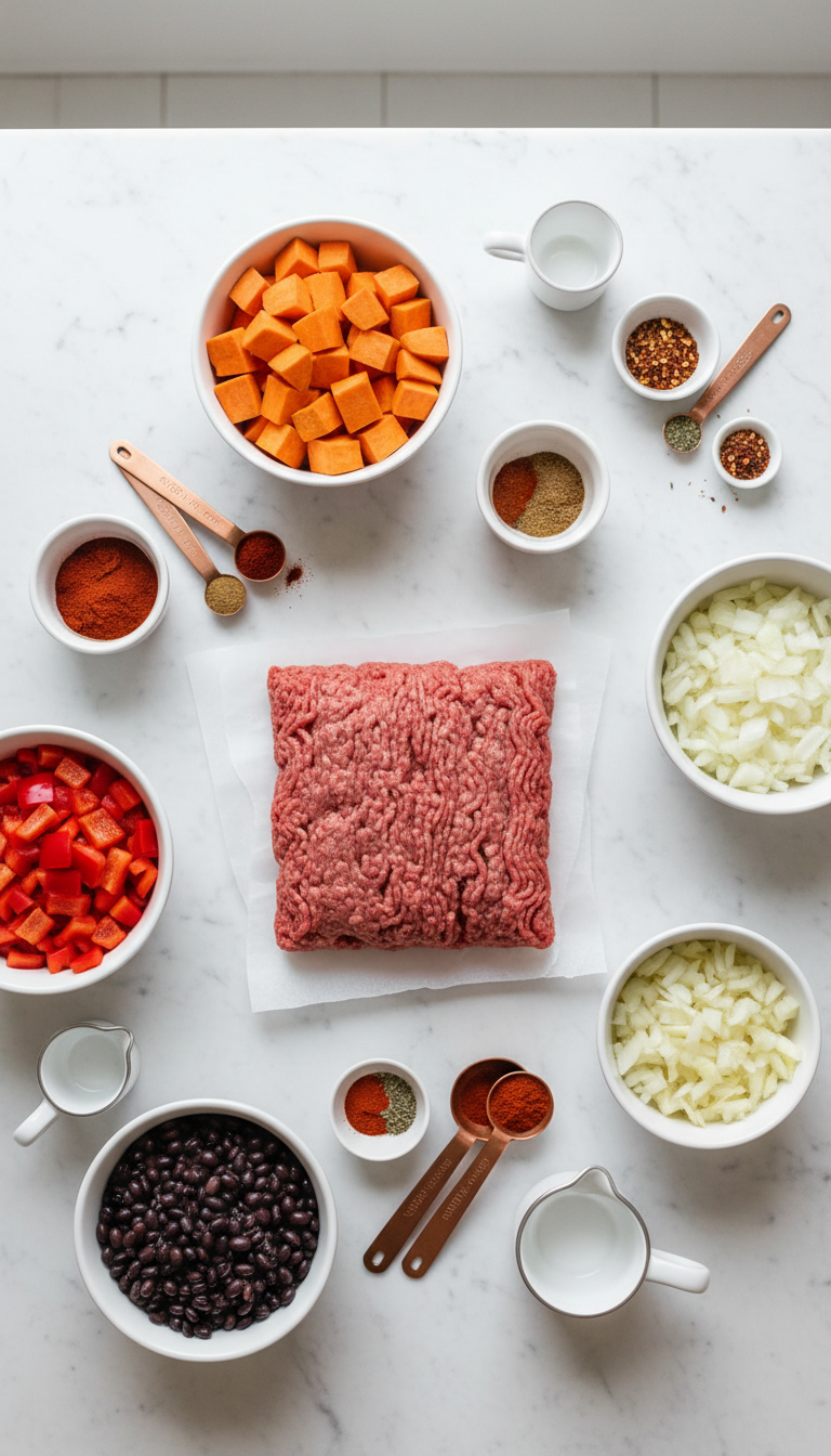 Fresh ingredients arranged for Southwestern Ground Beef Sweet Potato Skillet including cubed sweet potatoes, ground beef, black beans, and colorful spices