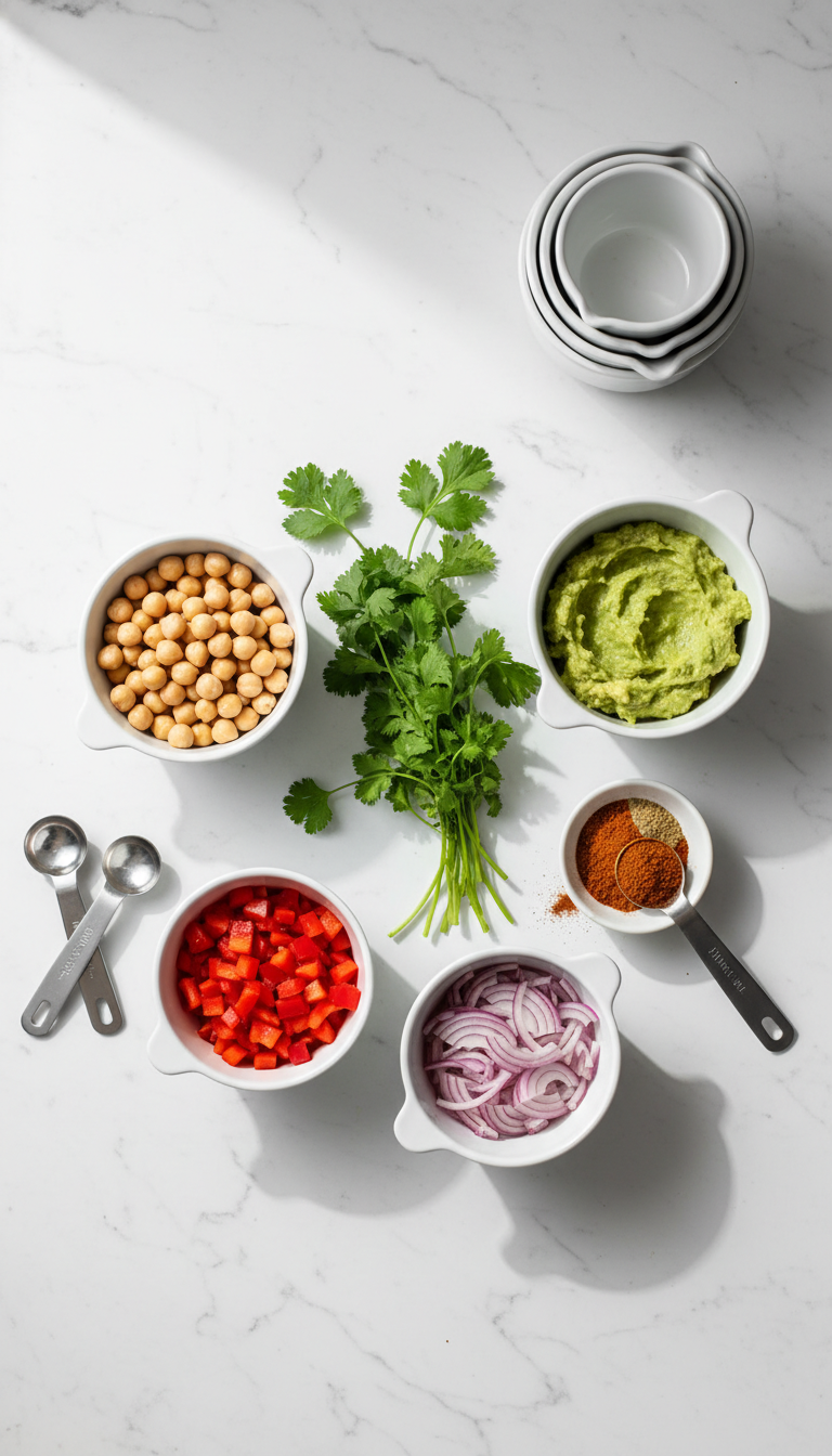 Fresh ingredients for spicy chickpea and avocado wrap including canned chickpeas, ripe avocado, olive oil, spices, and tortilla wraps arranged on a clean kitchen counter
