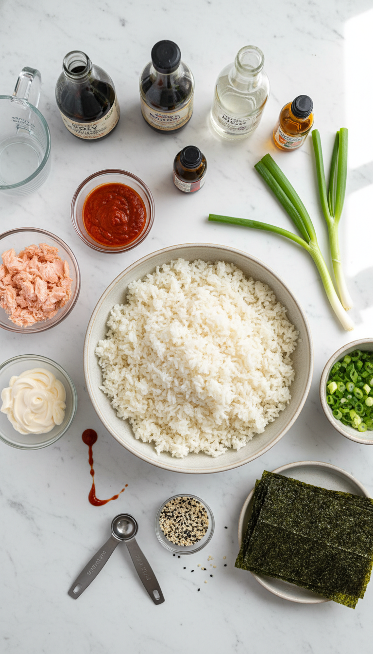 Fresh ingredients for spicy salmon sushi bake including cooked sushi rice, salmon fillet, mayonnaise, sriracha, and toppings arranged on a clean kitchen counter