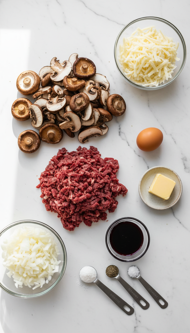 Fresh ingredients for Swiss Smoked Beef Mushroom Meatloaf including ground smoked beef, Swiss cheese, mushrooms, and seasonings arranged on a wooden cutting board