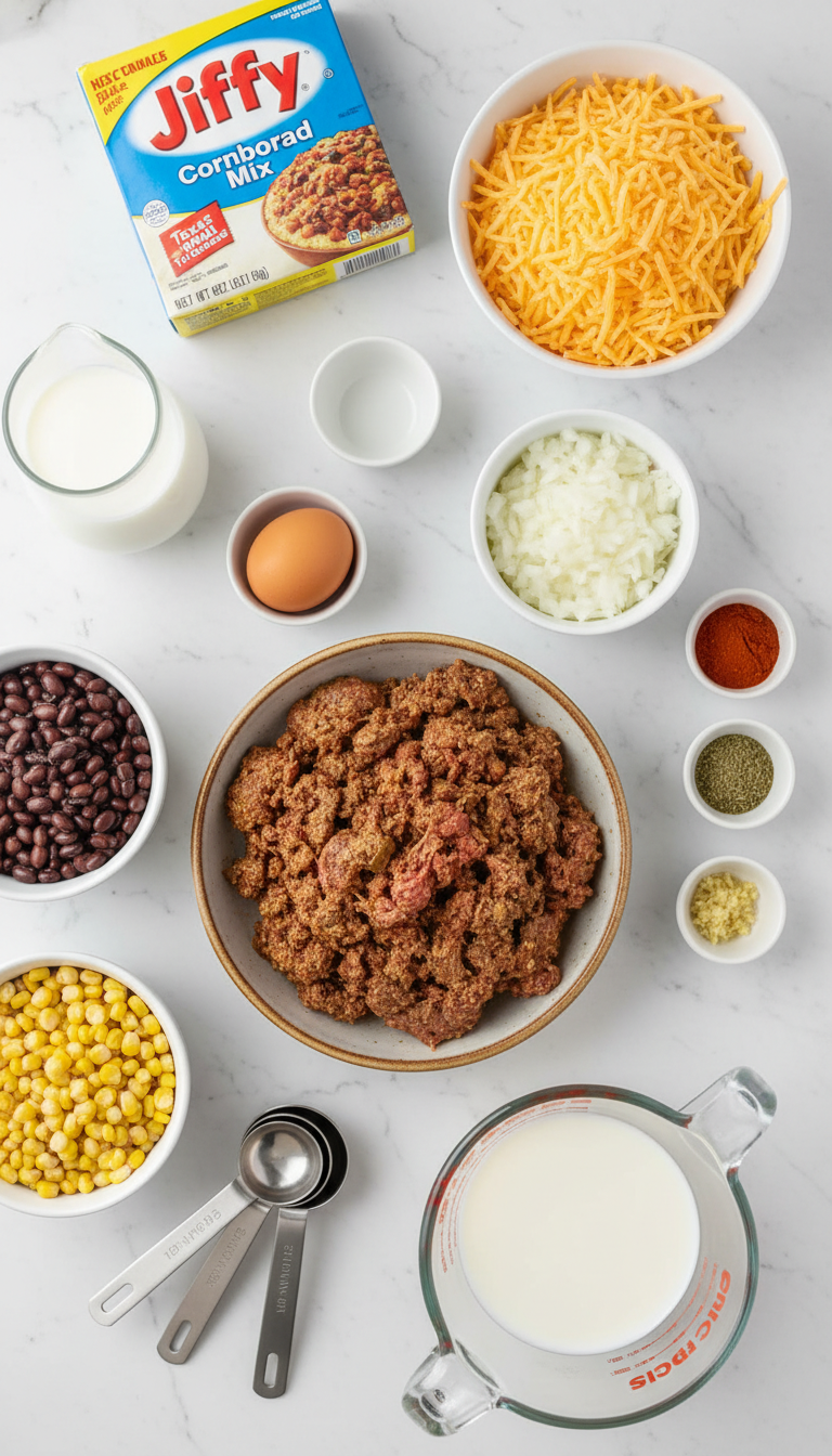 Fresh ingredients for Texas Tamale Pie Casserole including ground smoked beef, black beans, corn kernels, onions, garlic, spices, cheese, and cornbread mix arranged on a wooden cutting board