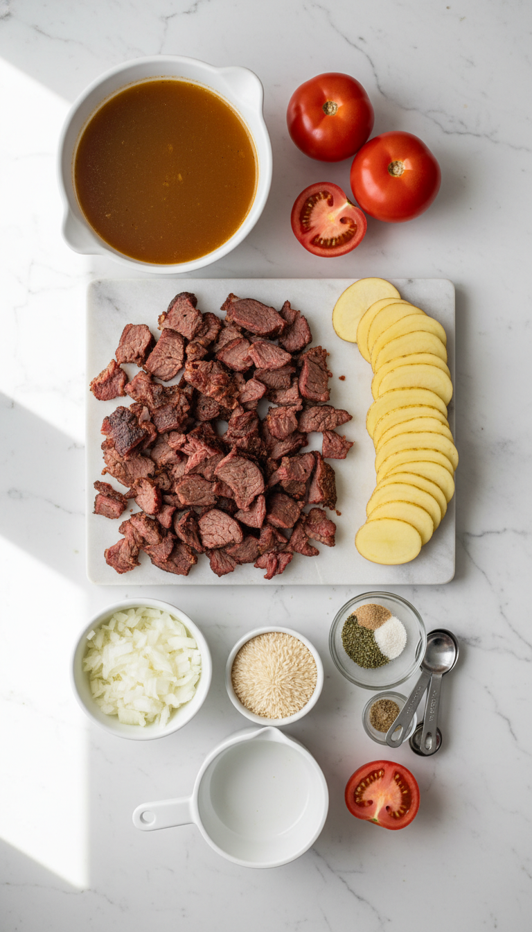 Beautifully arranged ingredients for Ultimate Shipwreck Dinner showing vibrant potato slices, rich ground beef, and colorful vegetables