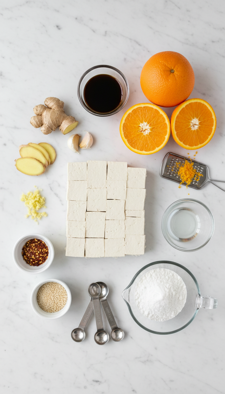 Fresh ingredients for Vegan Orange Chicken Tofu arranged artistically on marble surface with vibrant orange juice, golden cornstarch, and pristine white tofu cubes