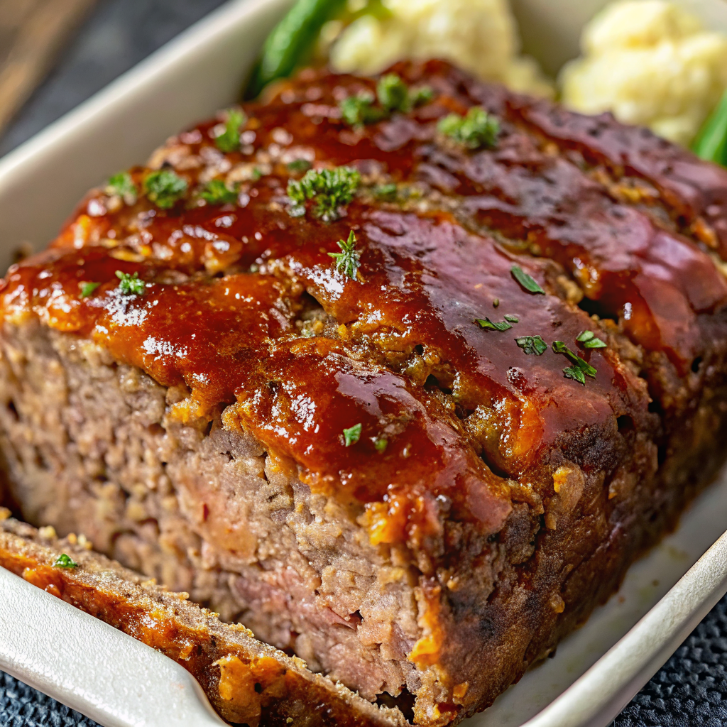 Perfectly sliced Juicy Homemade Meatloaf with golden glaze served on a platter with fresh herbs garnish