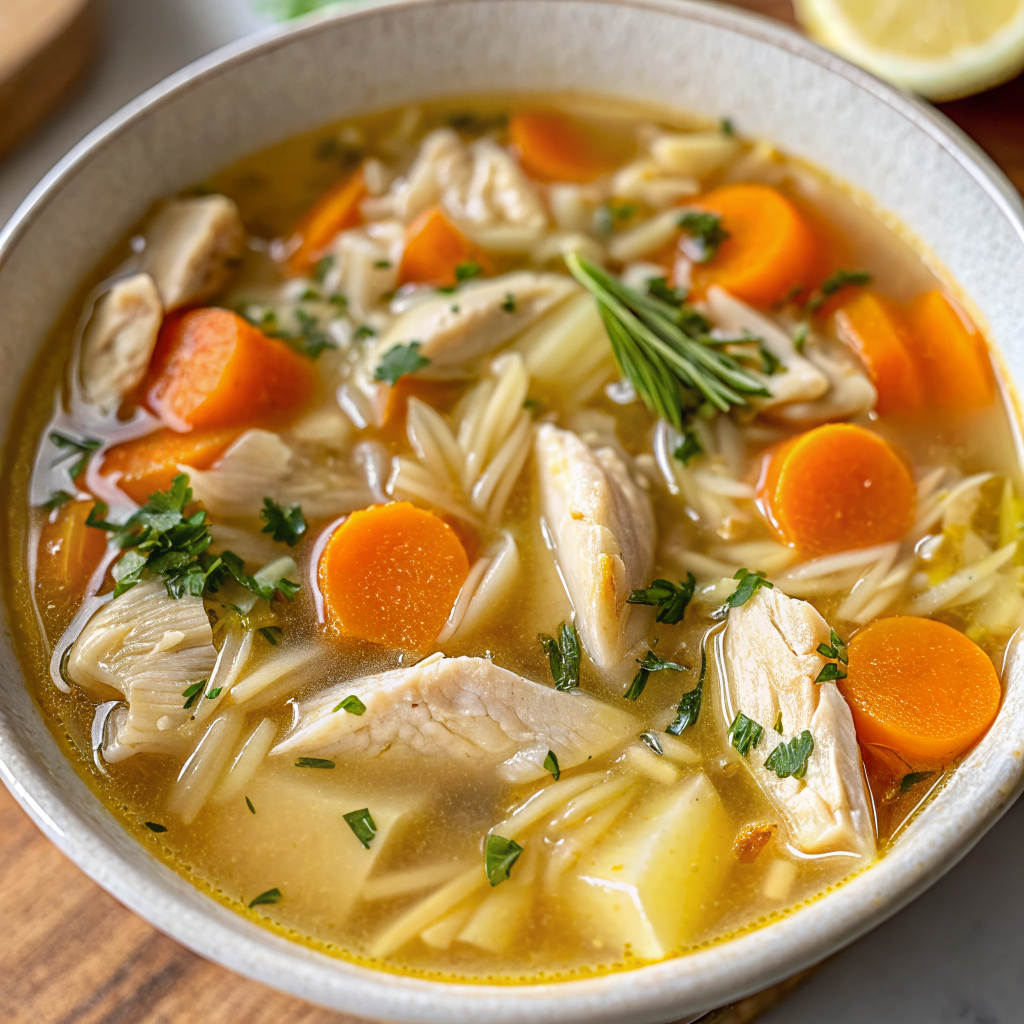 Beautiful bowl of finished Lemon Chicken Soup Recipe garnished with fresh herbs and served with crusty bread on a rustic wooden table