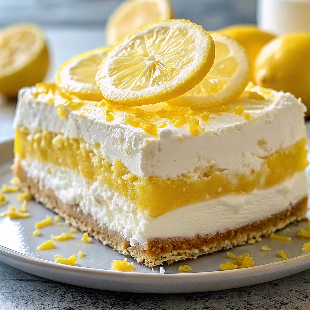 Beautiful slice of finished Lemon Lush Cake showing all four distinct layers with lemon garnish on white plate