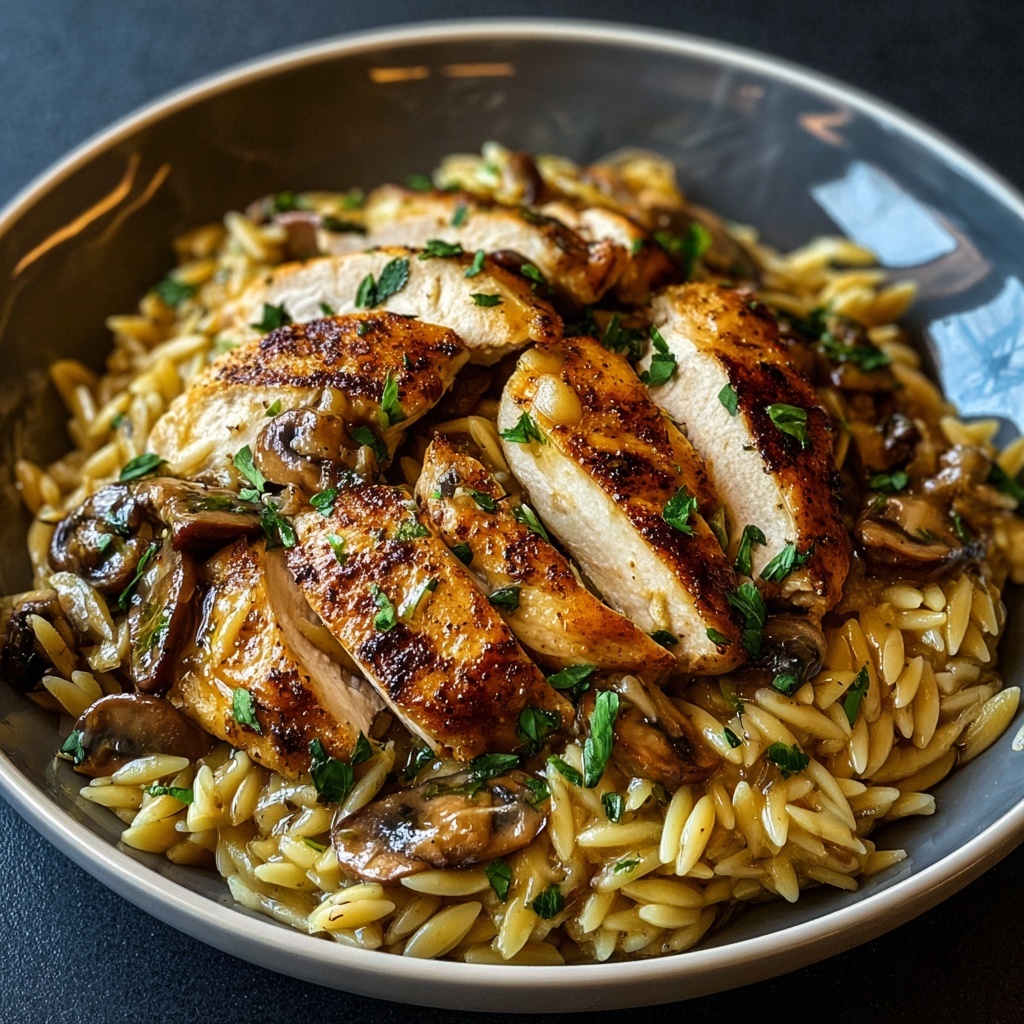 Finished Marsala Chicken Orzo served in a rustic bowl with fresh parsley garnish and golden chicken pieces over creamy orzo