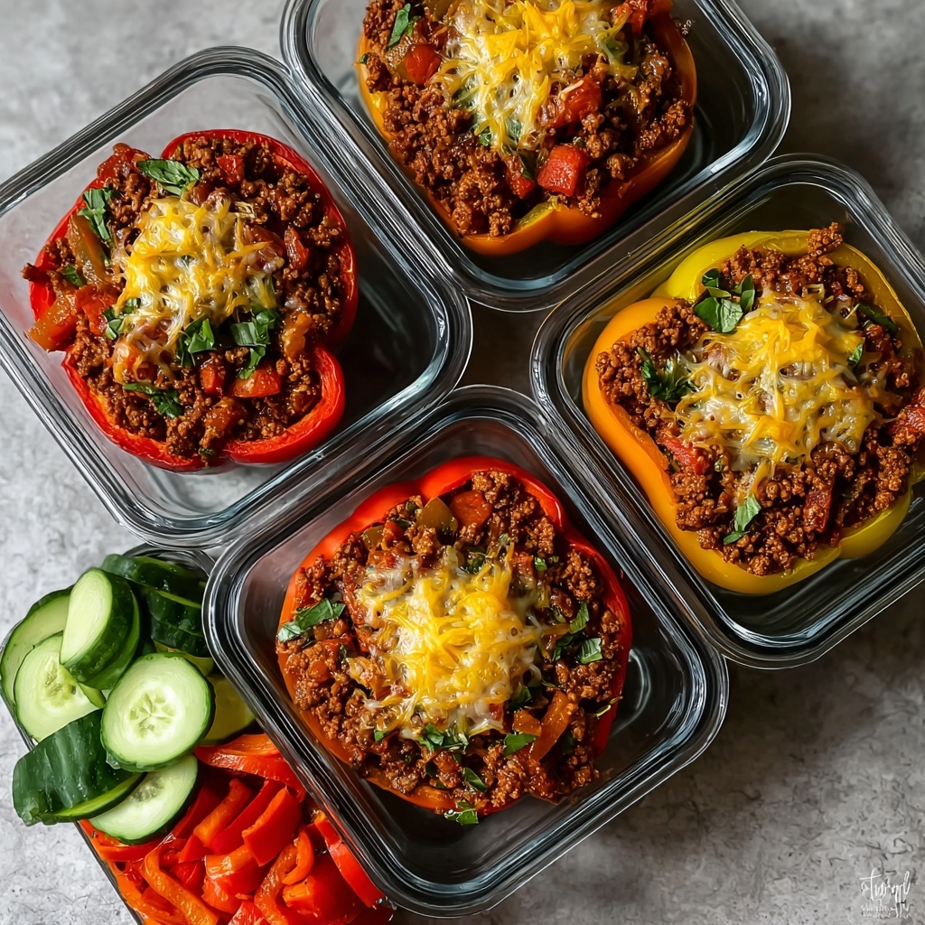 Beautiful finished Meal Prep Unstuffed Pepper Bowls served in white bowls topped with melted cheese and fresh herbs, showing the colorful mixture of ground beef, peppers, and rice