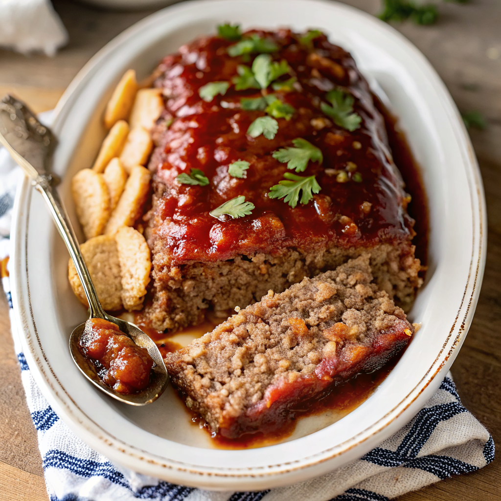 Beautiful sliced meatloaf with crackers on a serving platter with glossy glaze and fresh herb garnish