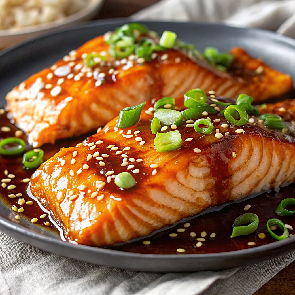 Beautiful plated orange teriyaki salmon with glossy caramelized glaze, garnished with sesame seeds and green onions, served over steamed rice