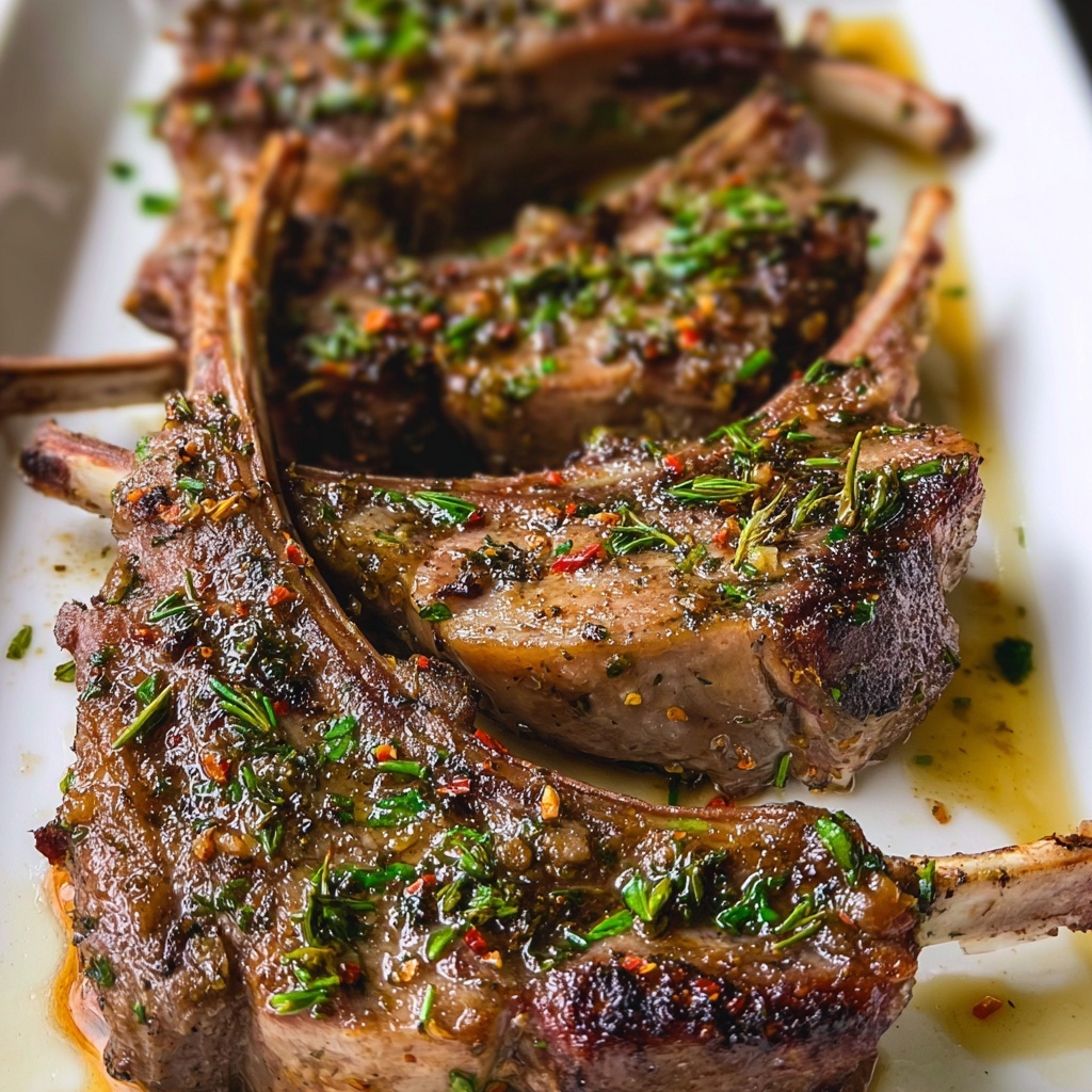 Perfectly cooked oven baked lamb chops with golden brown crust served on elegant dinner plate with herbs