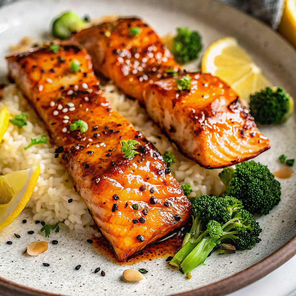 Beautifully plated Pan Fried Orange Salmon with glossy glaze, served over rice with vibrant green broccoli in an elegant white bowl
