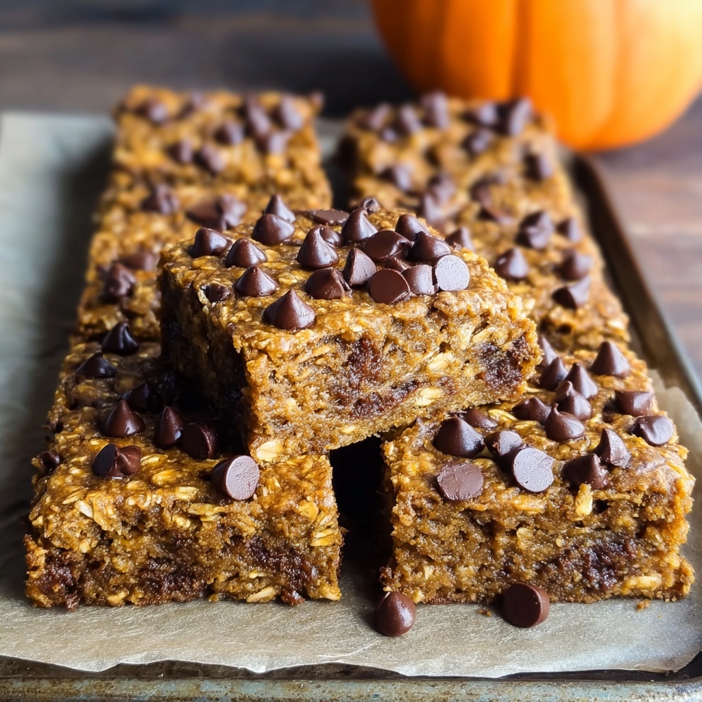 Finished pumpkin chocolate chip oat bars cut into squares on a rustic wooden cutting board with scattered chocolate chips and pumpkin seeds