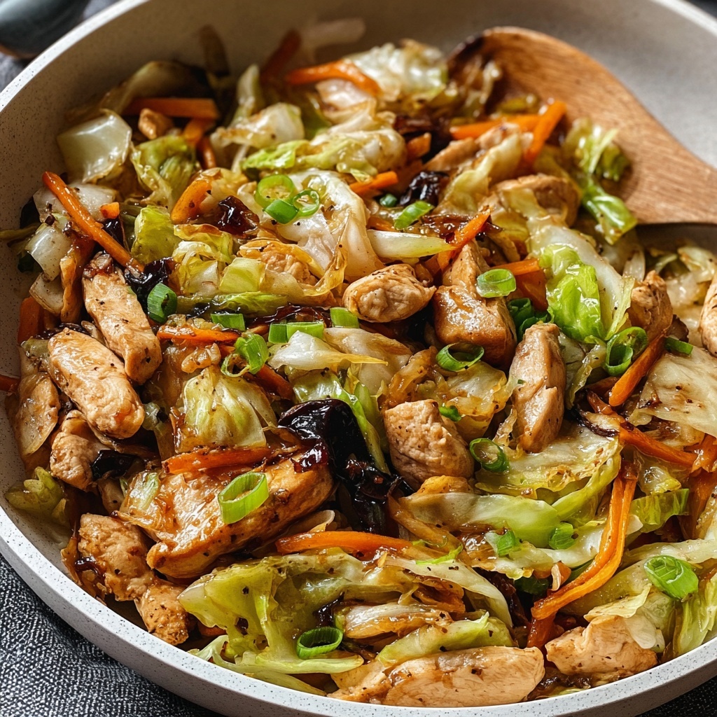 Finished Quick Chicken Cabbage Stir-Fry served in a white bowl over steamed rice, garnished with fresh herbs and sesame seeds