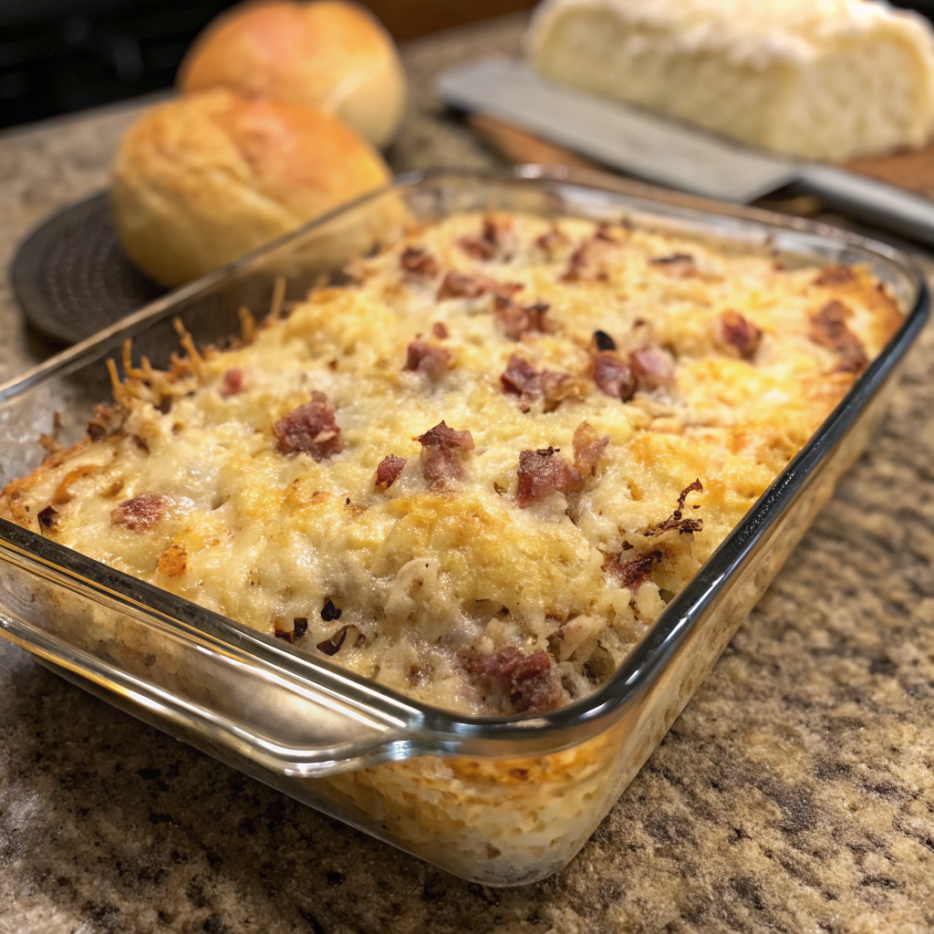 Finished sauerkraut casserole with golden cheese topping served in rustic ceramic dish with warm lighting