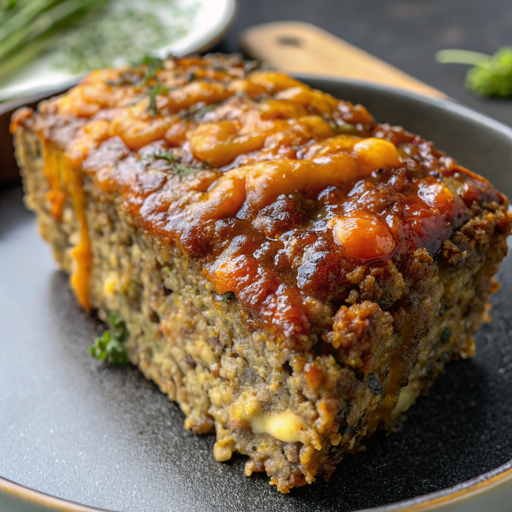Perfectly sliced savory lentil meatloaf on a serving platter with golden brown crust and tender interior visible